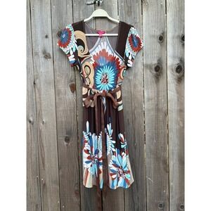 Sunny Leigh Floral Print Brown V-Neck Belted Dress Retro Style Mod